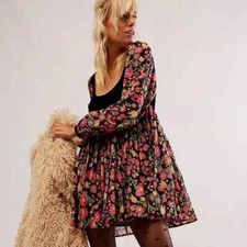 Free People Marsha Mini Dress  Velvet Trim Festival Black Combo size S New