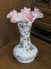 Fenton Charleton Rose Peach Crest Ruffled Hand Painted Vase - Original Sticker