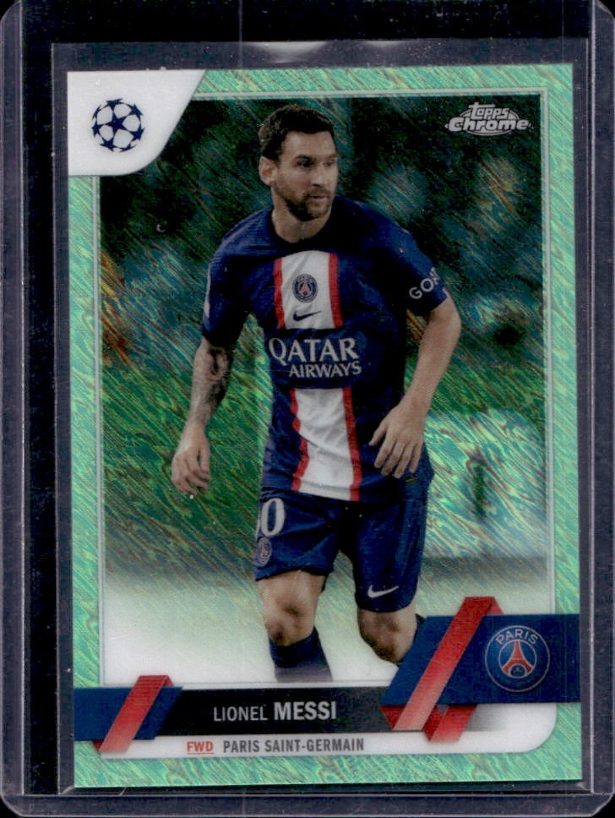 2022-23 Topps Chrome UEFA Lionel Messi Neon Green Shimmer Refractor #/399 PSG