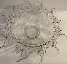 VTGE Imperial Glass Crocheted Lace Punchbowl 13 1/2 & 12 Candlewick Cups READ