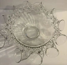 VTGE Imperial Glass Crocheted Lace Punchbowl 13 1/2” & 12 Candlewick Cups READ