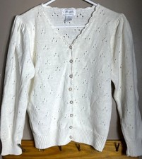 Vtg Margules Pointelle Cardigan Cotton White Cottagecore Fairy Romantic Dainty S