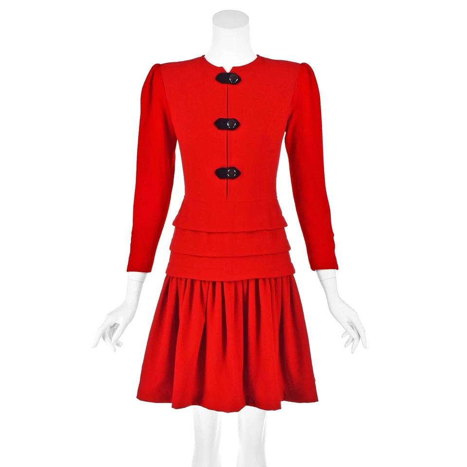 Mini Vestido VALENTINO Vintage Rojo Lana Crepé con Acentos de Terciopelo Negro Talla 4 Pequeño Foto 3 de 4