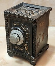 Antique Cast Iron Still Coin Bank Mini Safe Vault Angel with Boy Dog Made in USA