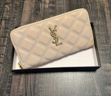 Saint Laurent Women  s Beige Logo Quilted Zip-Around Wallet Zipper Credit Card