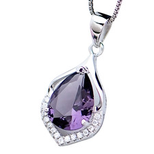 Silver Colour Water Drop Pendant Necklace for Women-Purple Crystal Teardrop 669