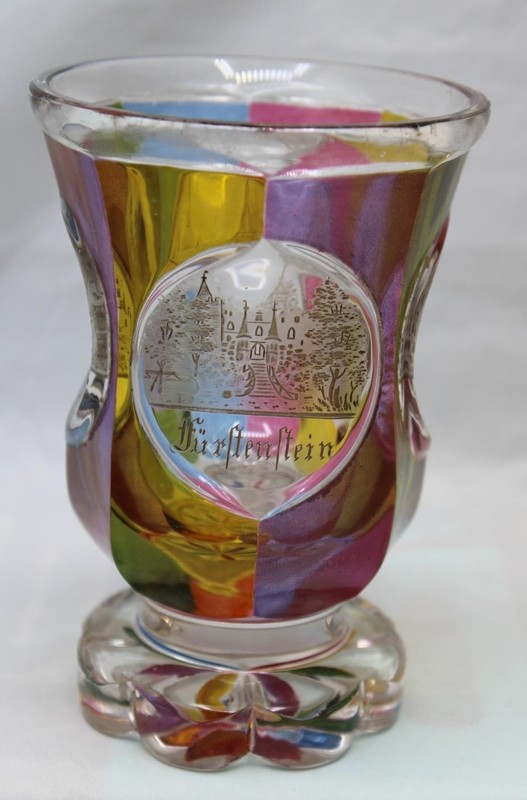 BIEDERMEIER ERA FRIENDSHIP GOBLET w/ ETCHED ARCHITECTURE & FLASH GLASS PANELS