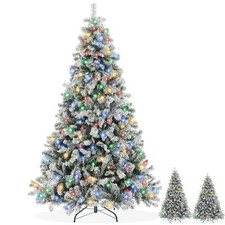 Pre-Lit Snow Flocked Artificial Christmas Tree with White and Multicolor Lights