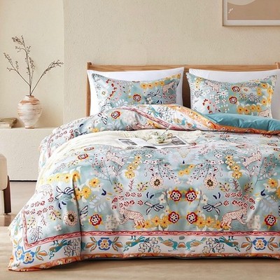 NEW Anthro Blue Jungle Multicolor Boho Queen / King Bedding Duvet & Sham Case