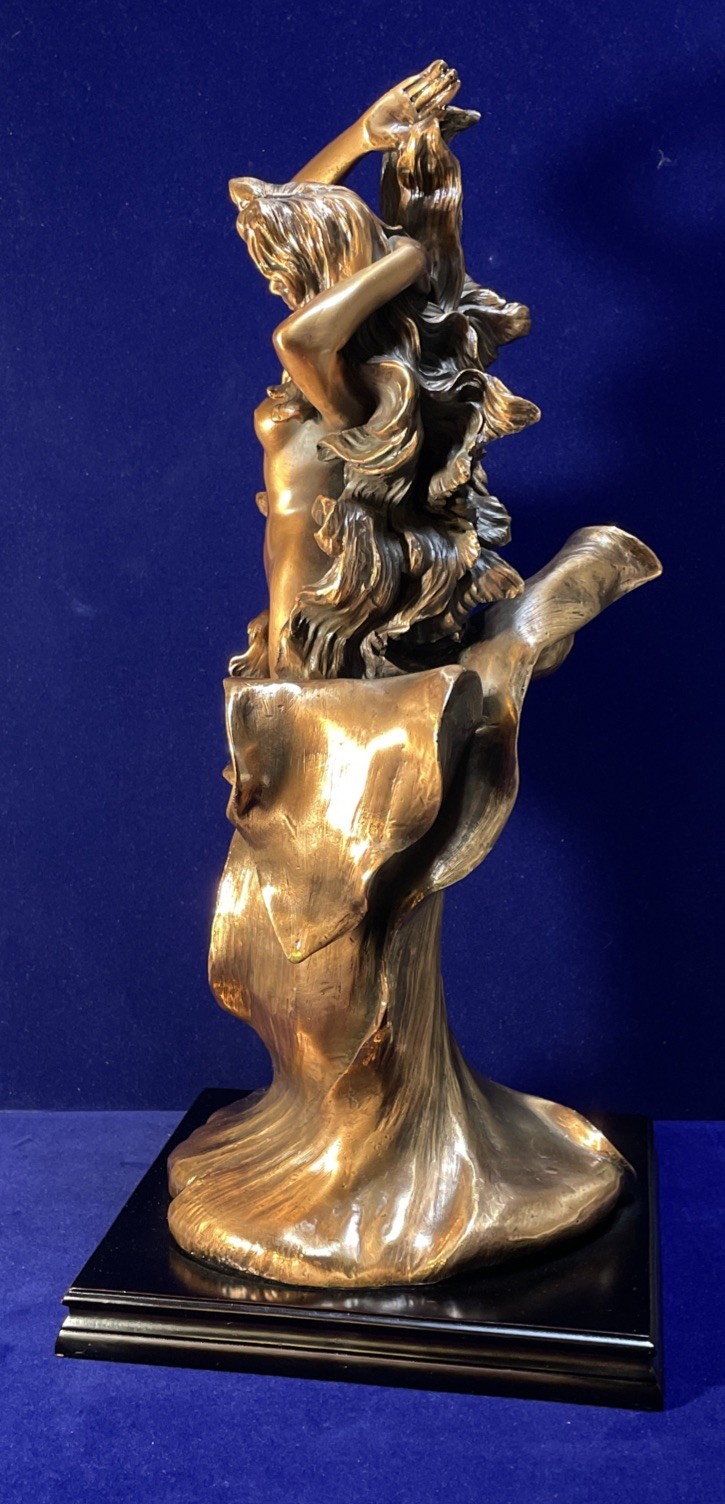 Vtg Art Nouveau Style Cast Copper Flower Nymph Statue Sculpture 18" Wood Base