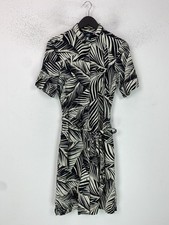 Wallis Black White Leaf Print Knee Length Shirt Dress Belted Short Sleeve UK 12