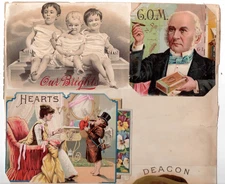 Five 1890s Outer Cigar Labels on Album Page Croakers, Hearts, C.O.M. 4 Cat Cards