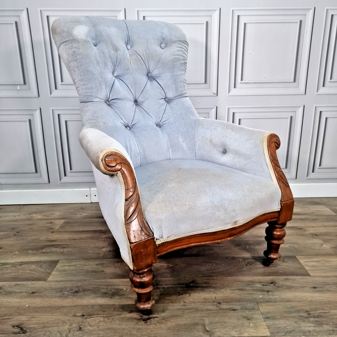 Antique Victorian Armchair – Deep Button Back – Carved Scroll Arms
