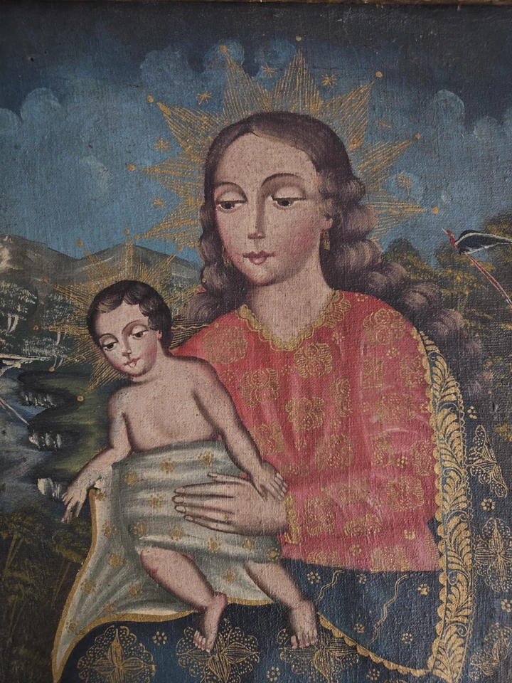 Vintage Cuzco Style Madonna and Child Original Oil Painting, 21 by 17 Inches - Image 3 of 4