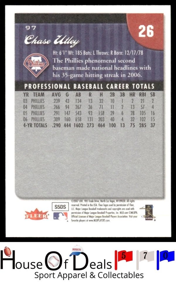 2007 Fleer #97 Chase Utley Philadelphia Phillies Card - Image 2 of 2