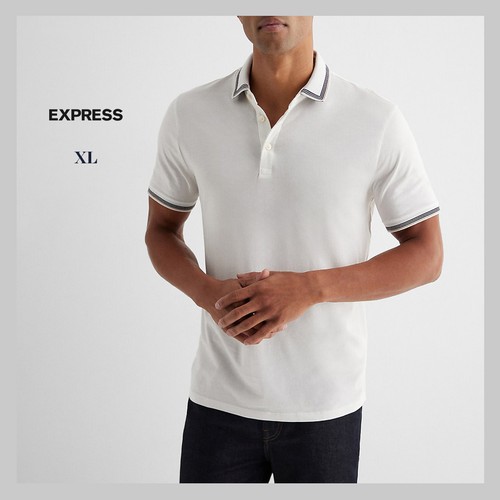 NEW - EXPRESS Men's White Multi Stripe Tipped Collar Perfect Pima Cotton Polo XL