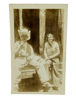 1930's Antique Vintage Man in Ten Gallon Cowboy Hat w/ Lady Drinking Soda