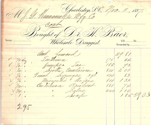 1897 Charleston SC Druggist Billhead - M. J. G. Hanrahan