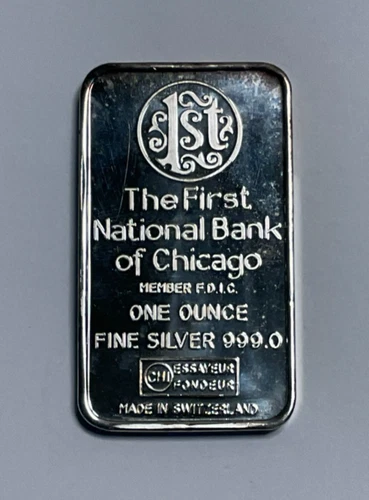 Vintage The First National Bank of Chicago 1 oz .999 Fine Silver Bar, # 022178