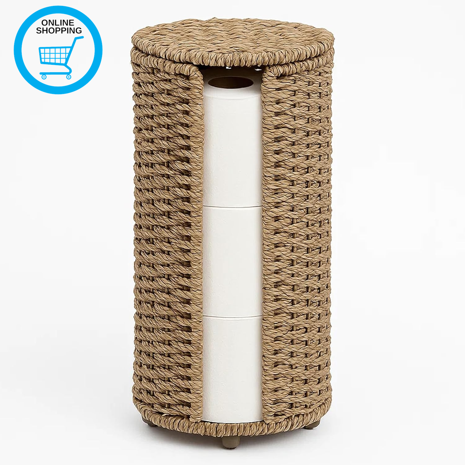 Handwoven Rattan Toilet Roll Holder Basket with Lid, Natural Seagrass Toilet Pap