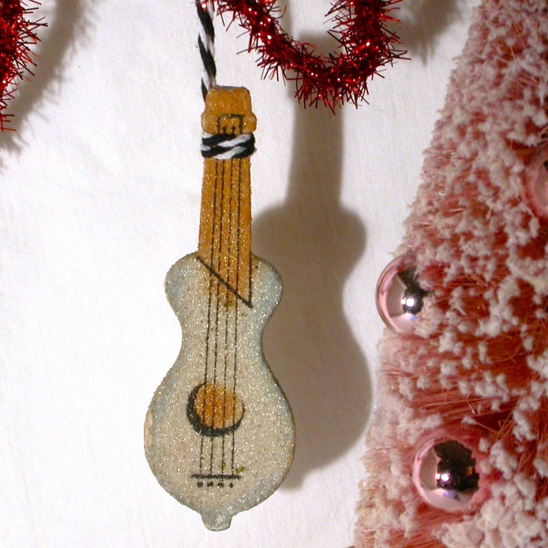 Vtg Dresden Guitar Mandolin Ukelele Christmas Ornament Sugar Glitter MCM Germany