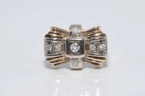 Antique Circa 1930s 14k Gold Natural Diamond Decorated Tank Ring