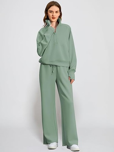 Women's 2 Piece Outfits Lounge Set Half Zip Wide Leg Set Sweatsuit Tracksuit - Picture 100 of 114