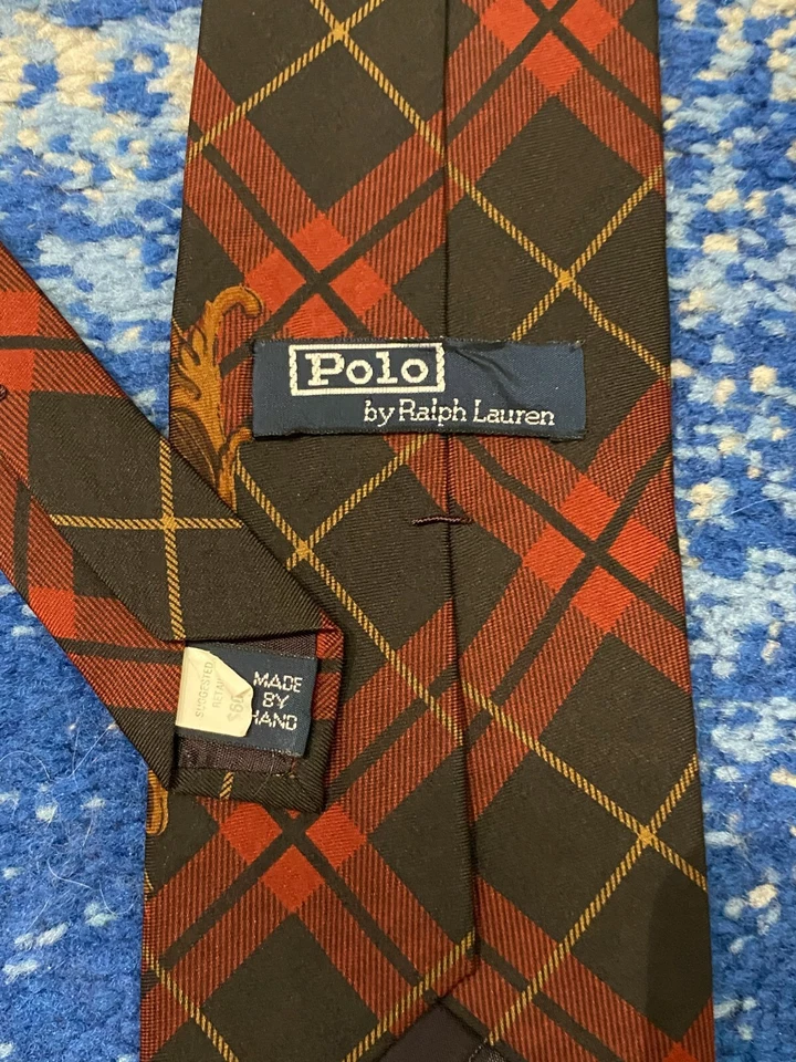 Corbata de seda vintage Polo Ralph Lauren roja negra camel óxido sesgado a cuadros perro EE. UU. Foto 4 de 4