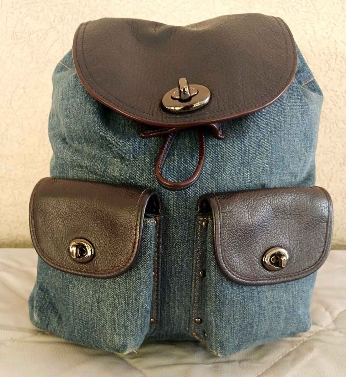 Coach 37975 Turnlock Rucksack Denim Blue & Leather Backpack