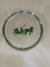Vintage Green Horse and Buggy Glass Ashtray, 3.75" EXCELLENT 