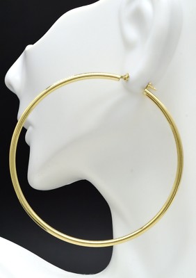 14 Karat massiv Gold große große Creolen schlicht glänzend Ohrringe 2,75 Zoll 70 mm x2 mm 3,6 gr