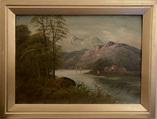 Antique lakeside landscape framed oil on board painting