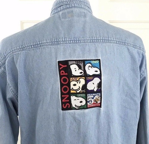 Vintage 90s Snoopy Denim Shirt Embroidered Patch M L Mens Distressed Blue - Picture 4 of 12