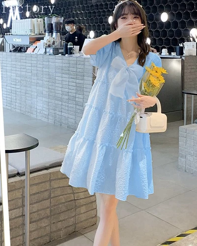Women Babydoll Puff Sleeve Cute Dress Bow Swing Tiered Mini Ruffle Beaded - Bild 10 von 17