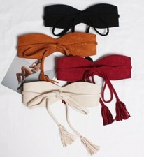 Women Faux Suede Tassels Belt Bow Tie Vintage Corset Waistband Obi Retro