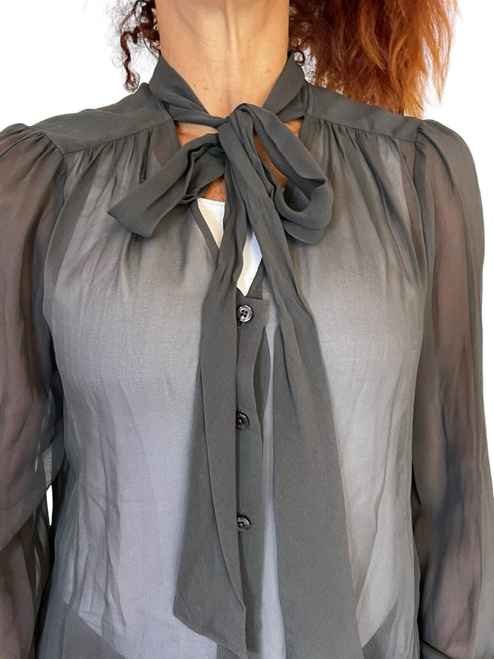 DKNY DONNA KARAN NEW YORK BLOUSE GRAY SHEER PUSSYBOW NECK TIE SILK CHIFFON M - Image 3 of 4