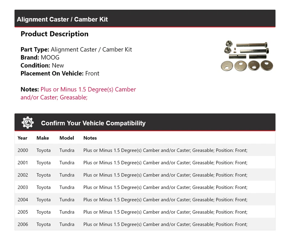 Kit de rueda de alineación/camber delantero MOOG 2000 2001 para Toyota Tundra 2000-2006 Foto 2 de 4