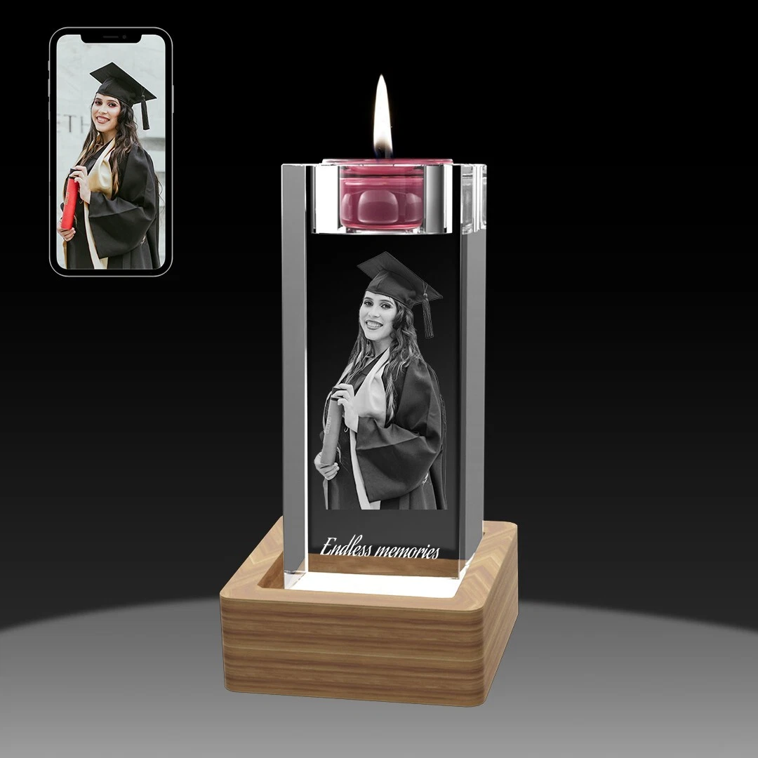 3D Crystal Candle Holder, Personalised Birthday Christmas Wedding 3D Photo Gifts