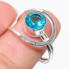 Swiss Blue Topaz Gemstone Handmade 925 Sterling Silver Jewelry Ring Size 8"