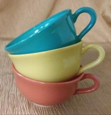 3 Vintage Hazel Atlas Platonite Ovide 6 Ounce Teacups Aqua/Orange/Yellow 1940's