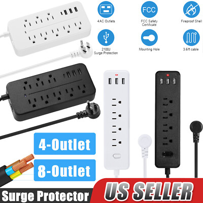 Multi Outlet Surge Protector USB Charging Power Strip Extension Cord Flat Plug 