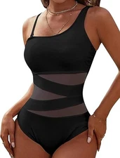 BLOOMING JELLY Women One Piece Swimsuit Tummy Control 1 Shoulder Mesh Sz M Black