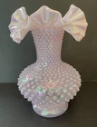 FENTON IRIDESCENT OPALESCENT VASE CHAMPAGNE PINK HOBNAIL DOUBLE CRIMPED 10.5"