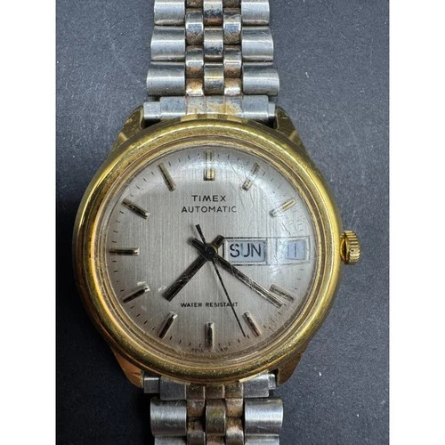 Vintage Timex Viscount Automatic Watch Day Date 37mm 48861-10978 Gold Tone Runs