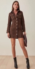 NWT Reformation Newman Brown Denim Button Front Mini Dress Long Sleeve Size 12