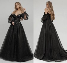 Black Gothic Wedding Dresses Off The Shoulder Tulle Lace-up Sparkle Bridal Gowns