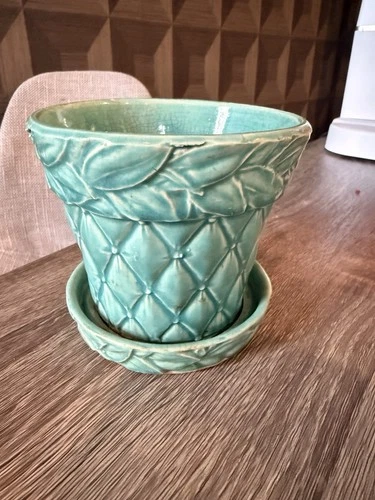 Vintage McCoy Pottery Quilted Planter Attached Saucer Turquoise Green 1940s