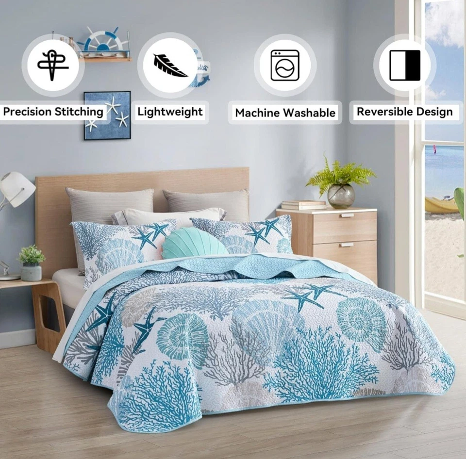 Juegos de edredones costeros Tritard de 3 piezas - edredones de microfibra reversibles tamaño king con Foto 2 de 4