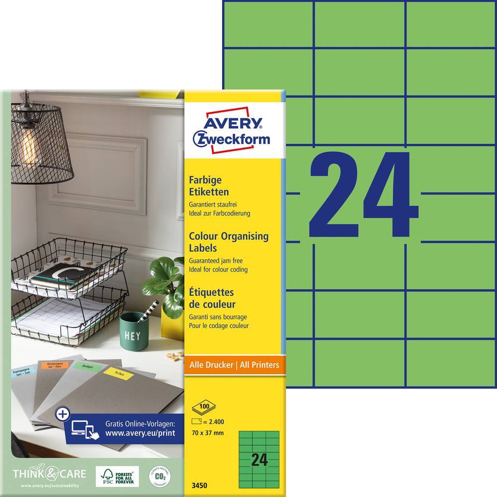 Étiquettes autocollantes Avery-Zweckform 70x37 vertes en pack de 2400 pièces pour imprimante
