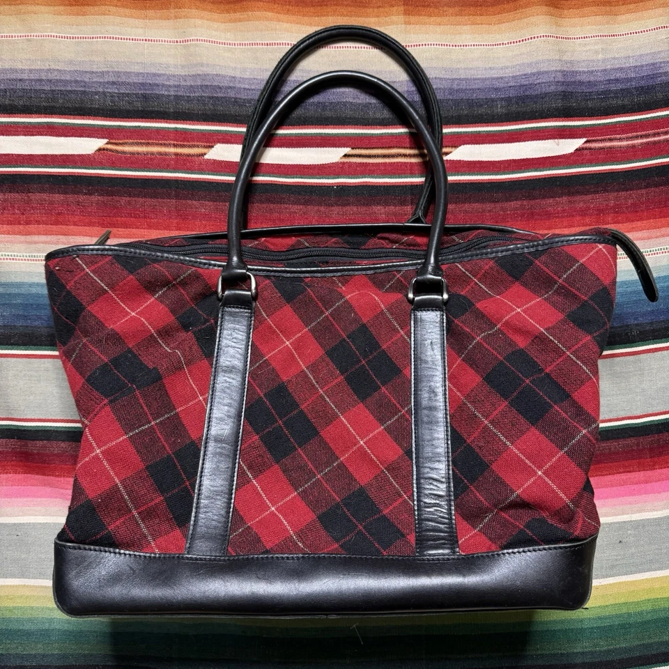 Bolso de mano grande vintage LL Bean 100 % lana cuero rojo negro a cuadros Foto 2 de 4